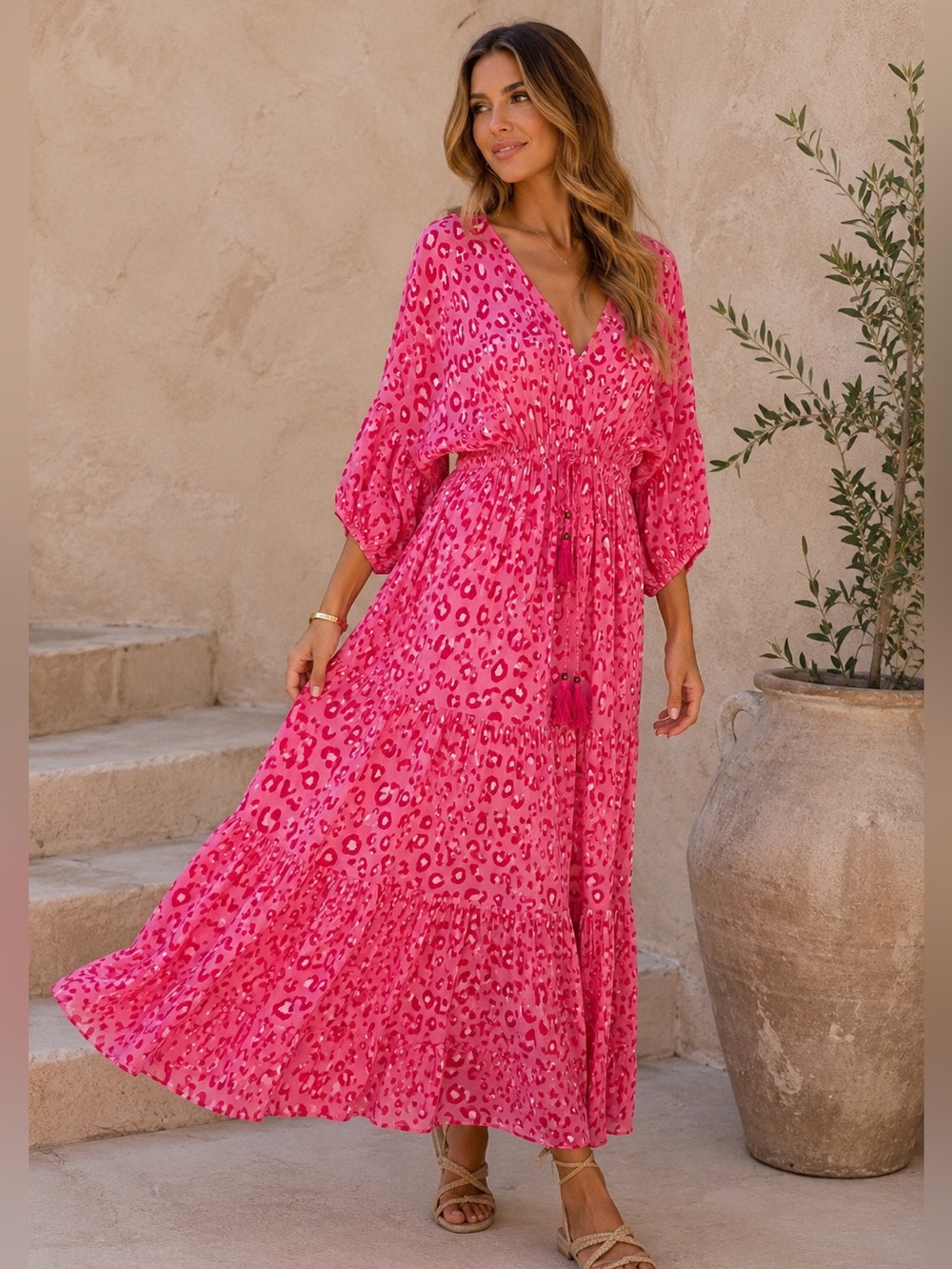 Abel The Label Pink Leopard Print Maxi Dress | Boho Resort Tassel Tie | Size 2XL